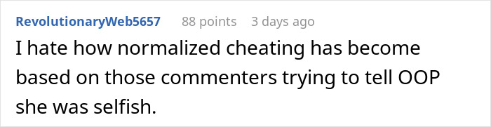 Screenshot of a social media comment criticizing how normalized cheating has become in online discussions about affairs.