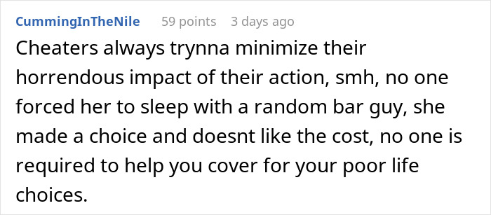 Screenshot of a Reddit comment discussing cheaters minimizing the impact of their actions in an affair situation.