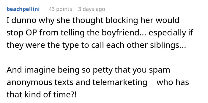 Comment discussing a woman exposing her best friend&rsquo;s affair to her boyfriend and the consequences of blocking her.