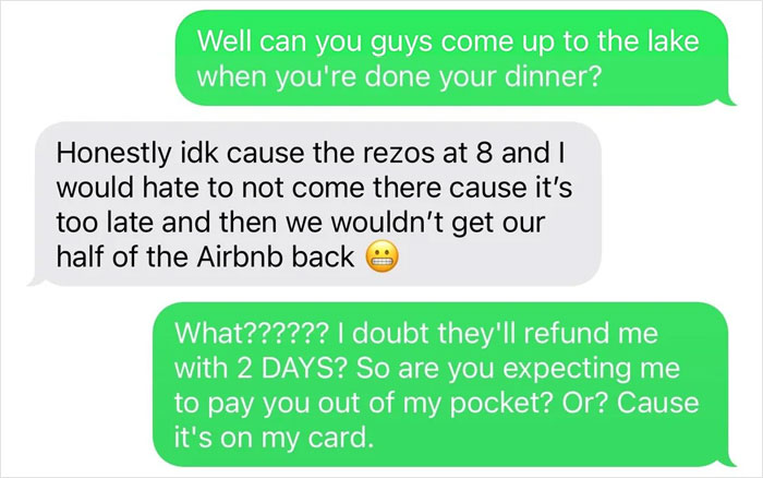 Text message exchange showing friend upset after group cancels weekend getaway plans to go to dinner without her.