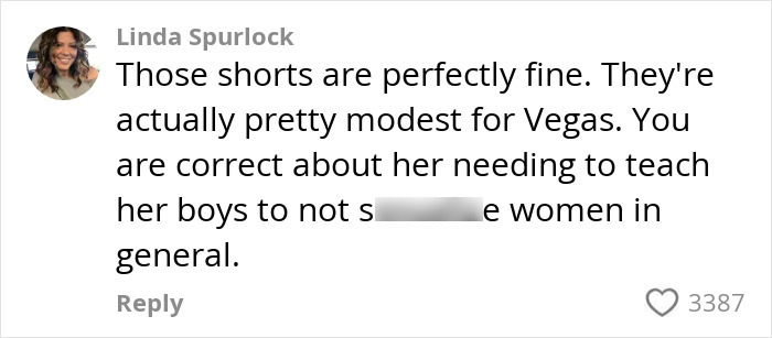 Comment by Linda Spurlock defending mom shorts and discussing respect for women, related to friendship ending over mom shorts.