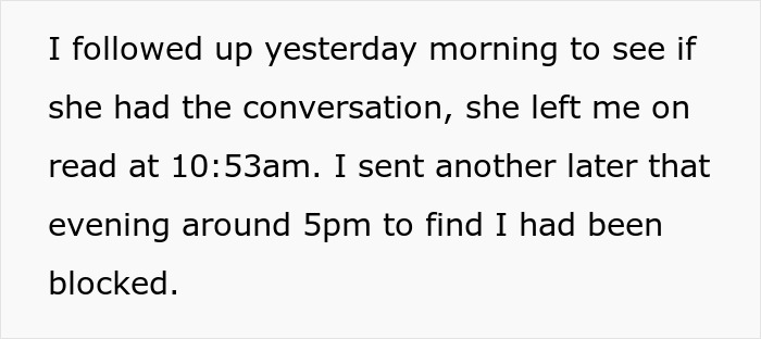 Text message describing a woman exposing best friend&rsquo;s affair to her boyfriend, leading to being blocked.