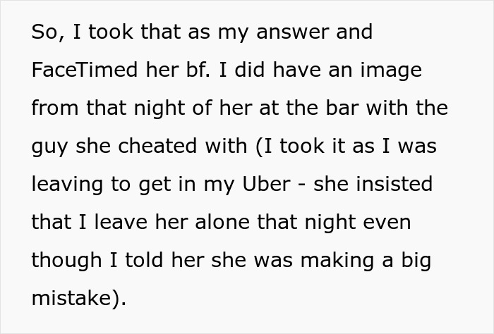 Text excerpt revealing a woman exposing her best friend's affair to her boyfriend, highlighting betrayal and confrontation.