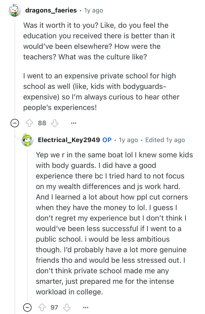 Reddit user shares experience studying in a prestigious private school, discussing culture, teachers, and personal success.
