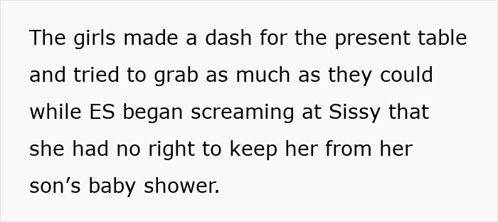 Text excerpt describing girls rushing to a present table during a baby shower with a mistaken adoption papers incident.