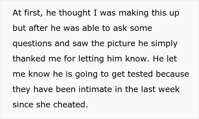 Text excerpt revealing a woman exposing best friend&rsquo;s affair to her boyfriend after discovering cheating.