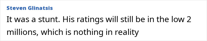 Comment from Steven Glinatsis discussing show ratings and audience numbers amid Jimmy Kimmel's staff mutiny and return controversy. Comment from Steven Glinatsis discussing show ratings and audience numbers amid Jimmy Kimmel's staff mutiny and return controversy.