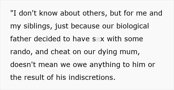 Alt text: Excerpt revealing family conflict and anger over a biological father's infidelity aired online by a stalker half-sister. Alt text: Excerpt revealing family conflict and anger over a biological father's infidelity aired online by a stalker half-sister.