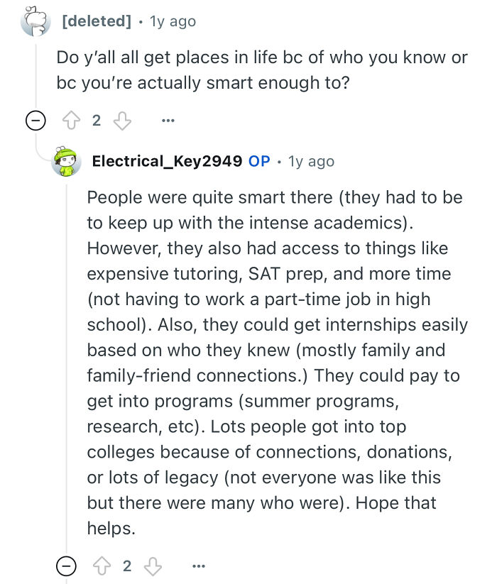 Reddit user from a prestigious private school explains how connections and tutoring impact academic success.