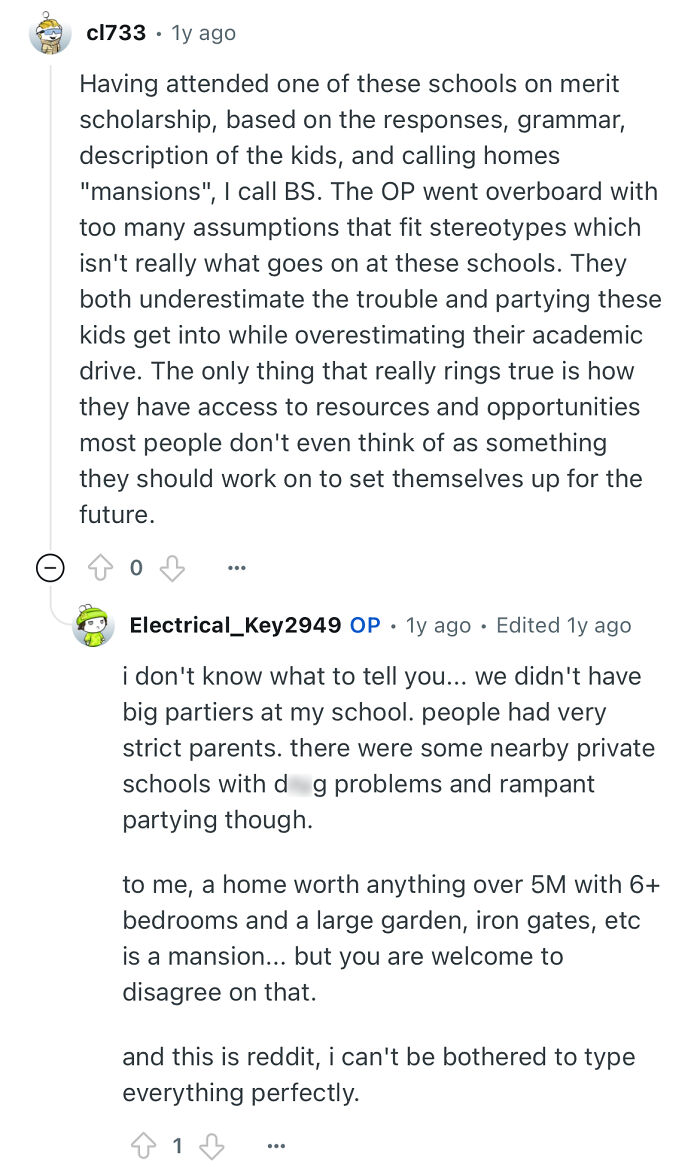 Reddit conversation where a person studied in a prestigious private school shares insights on stereotypes and student life.