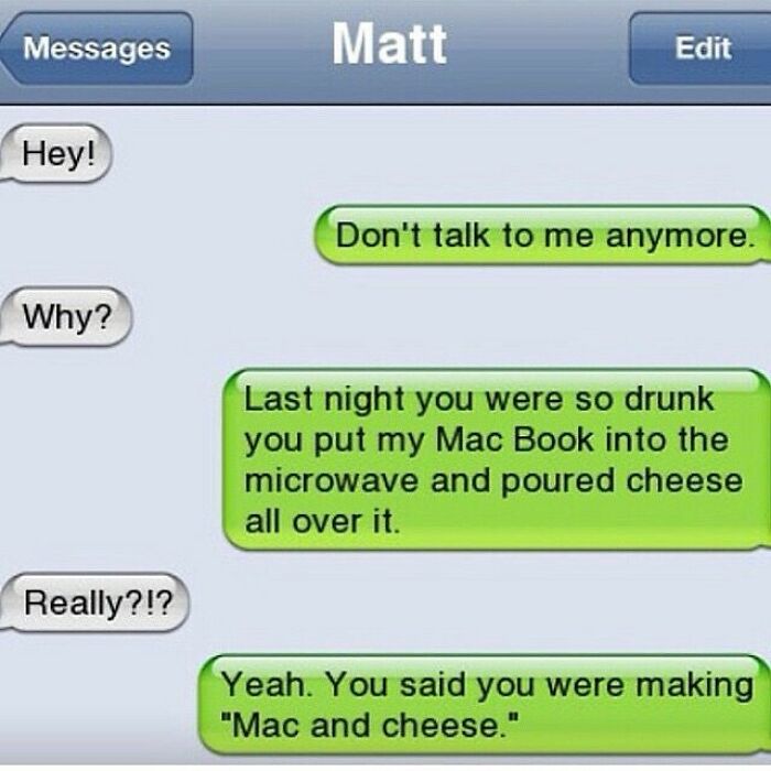 Text conversation showing a funny misunderstanding involving a MacBook, microwave, and macaroni with cheese.