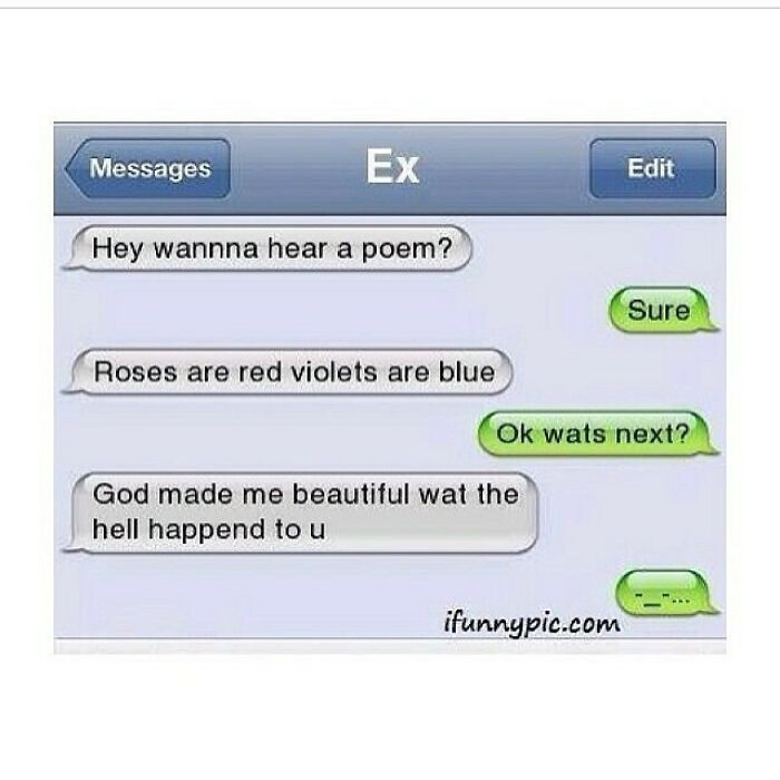 Text conversation with humorous poem exchange, featuring funny texts that might make you laugh between an ex and a reply.