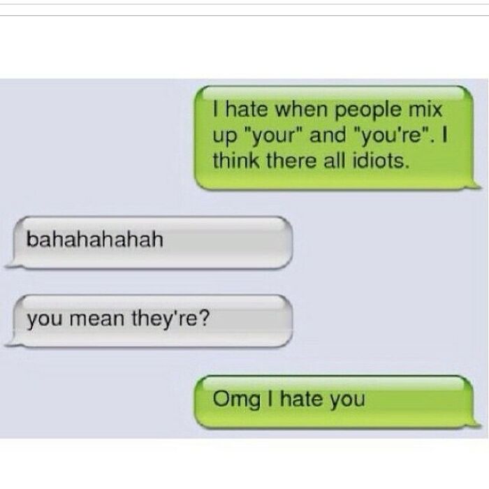 Text message conversation with a funny grammar mix-up, illustrating one of the texts that might make you laugh.