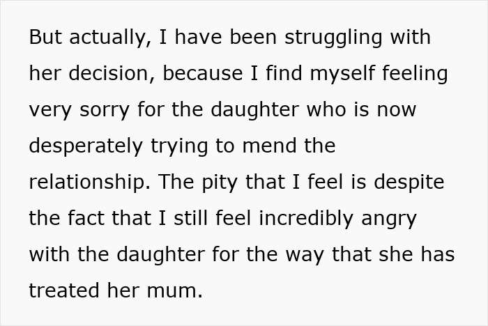 Text discussing feeling sorry for a friend's daughter despite complicated family emotions and anger towards her actions. Text discussing feeling sorry for a friend's daughter despite complicated family emotions and anger towards her actions.