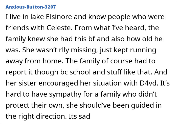 Online comment discussing family reactions after missing 15YO girl found in trunk of singer D4vd&rsquo;s Tesla.