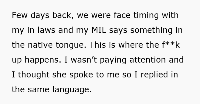 Text describing a husband&rsquo;s humorous experience talking to parents in their native language during a FaceTime call.