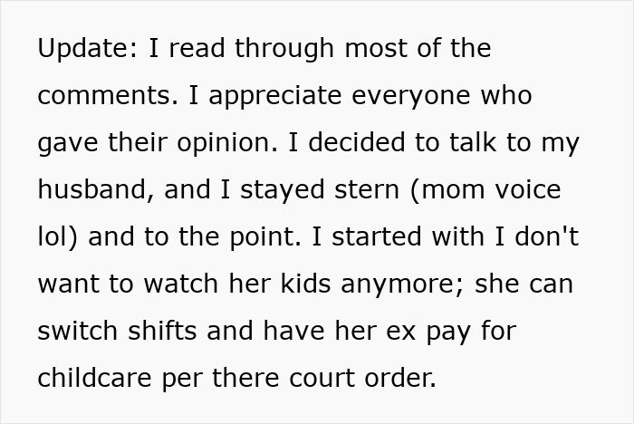 Text update about a woman deciding not to nanny her husband&rsquo;s coworker&rsquo;s children for free anymore.