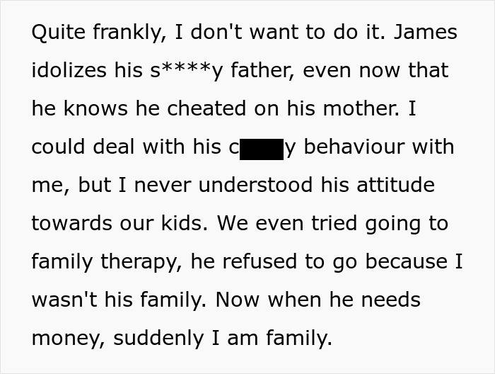 Text excerpt describing family conflict where man denies stepson's pleas for help with college fund.