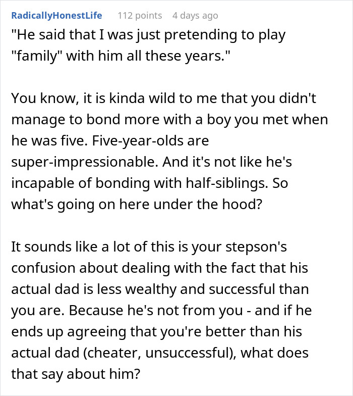 Reddit post discussing a man denying his stepson&rsquo;s pleas to contribute to college fund and family bonding issues.