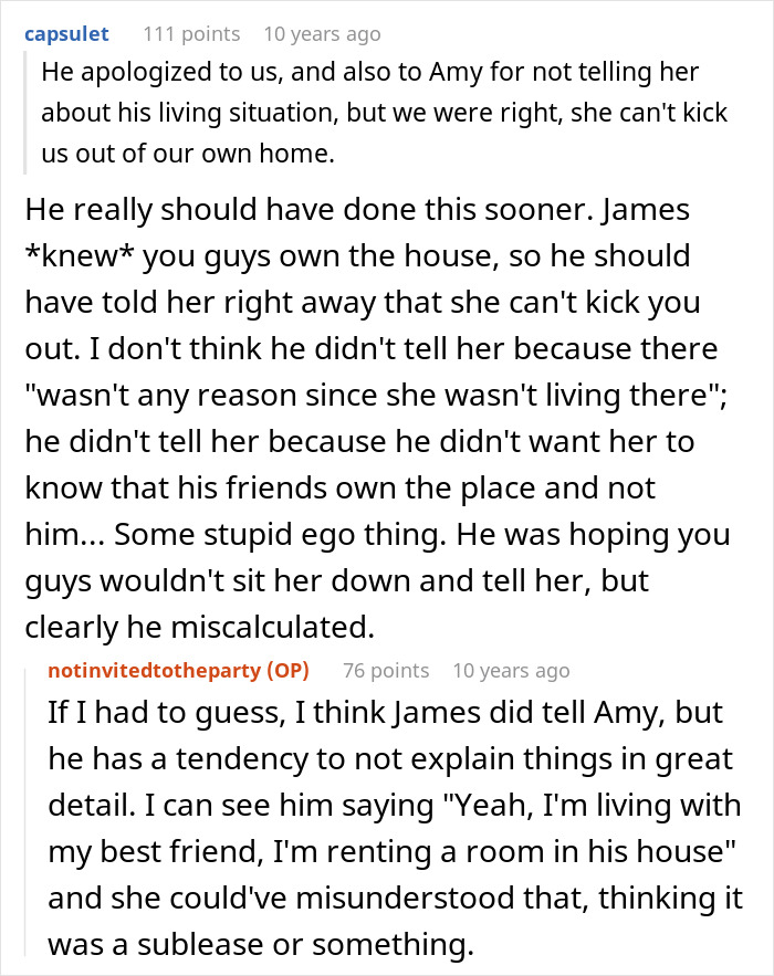 Text comments discussing homeowners refusing to leave, causing conflict over party disruption in their home.