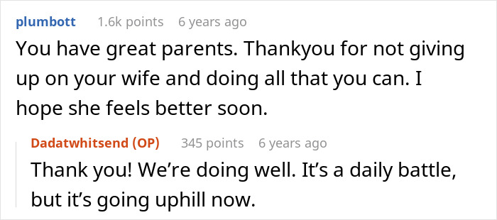 Reddit conversation showing support for husband left picking up the pieces after wife leaves toddlers to party with new man.