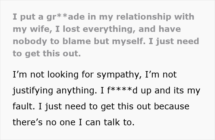 Text excerpt showing a man expressing guilt over ruining his marriage with an online affair, reflecting on mistakes.