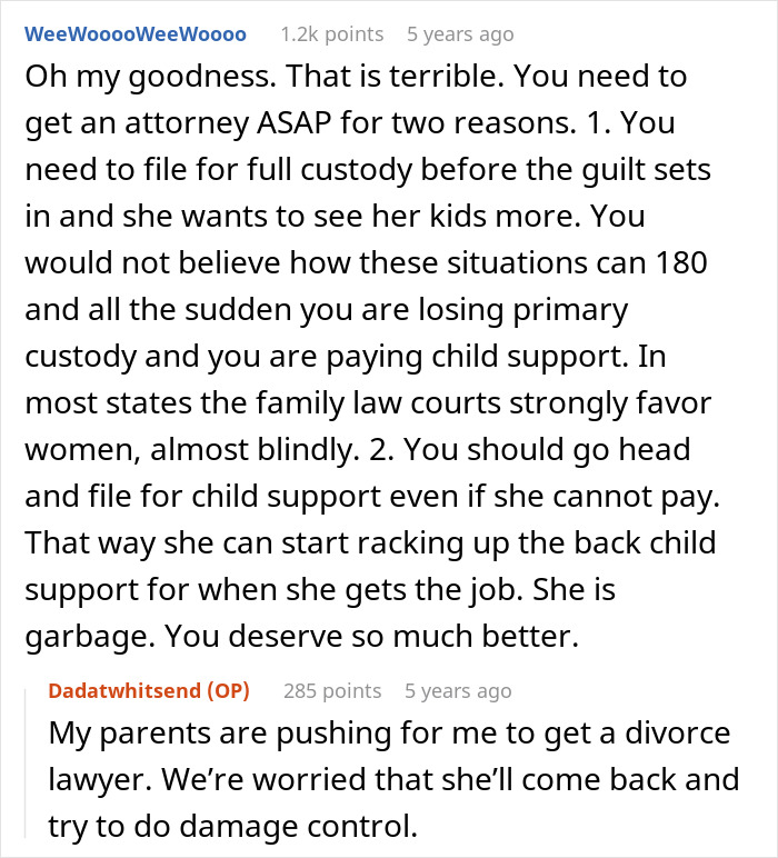 Reddit comments discussing custody and child support issues after wife leaves toddlers behind to party with new man.