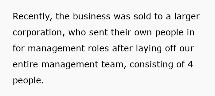 Text excerpt about new manager roles after business sale, mentioning management team layoffs and corporate changes.