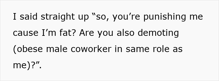 Text on white background showing a quote about an overweight woman confronting a new manager about fitness to see clients.