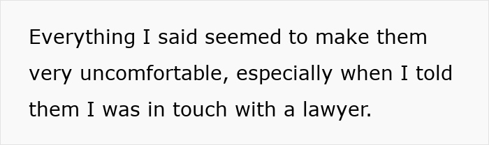 Text on a plain white background stating discomfort over mentioning being in touch with a lawyer regarding overweight woman unfit to see clients.