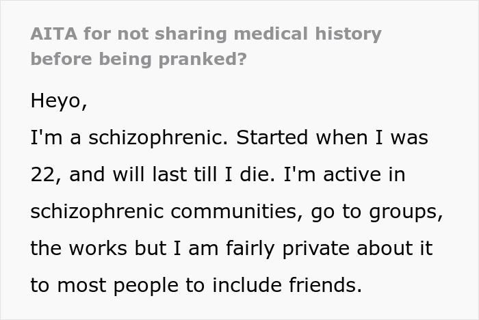 Text post discussing a schizophrenic man&rsquo;s experience with a prank during a hospital visit and medical privacy.