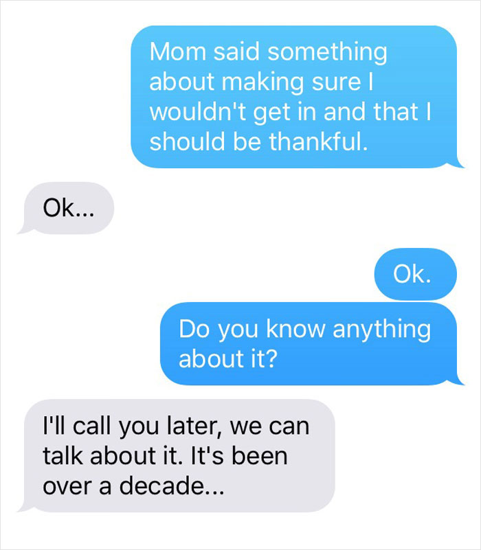 Text message conversation revealing why woman never got to study abroad, learning the truth from her mom after years. Text message conversation revealing why woman never got to study abroad, learning the truth from her mom after years.