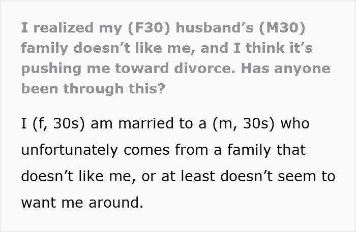 A woman in her 30s describes how her inlaws push boundaries, causing strain and leading her toward divorce concerns.