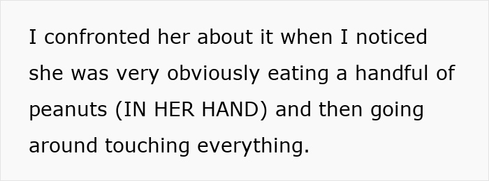 Text excerpt showing a woman confronting sister-in-law about eating peanuts and risking anaphylaxis despite no-peanut rule. Text excerpt showing a woman confronting sister-in-law about eating peanuts and risking anaphylaxis despite no-peanut rule.