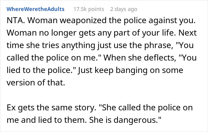 Screenshot of a Reddit comment discussing a woman showing up unannounced and calling the cops when not let in. Screenshot of a Reddit comment discussing a woman showing up unannounced and calling the cops when not let in.
