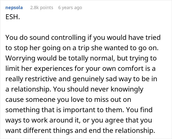 Screenshot of a detailed Reddit comment discussing a woman planning a solo trip and relationship challenges before leaving. Screenshot of a detailed Reddit comment discussing a woman planning a solo trip and relationship challenges before leaving.