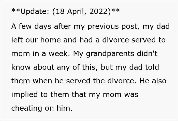 Text update about dad wanting an open marriage and reacting angrily when mom slept with other people.