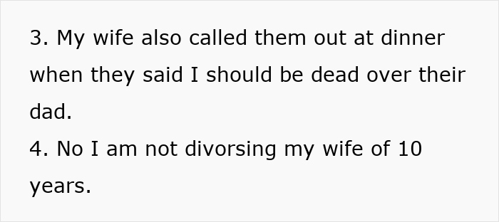 Text excerpt from a stepdad addressing stepkids&rsquo; indifference and denying plans to divorce his wife of 10 years.