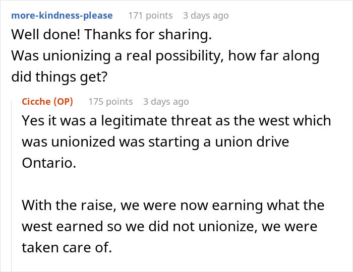 Comment thread discussing an employee confronting their manager over promised raises that were never implemented.
