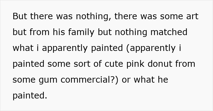 Text excerpt discussing confusion over paintings from an art class one partner claims to have taken together.