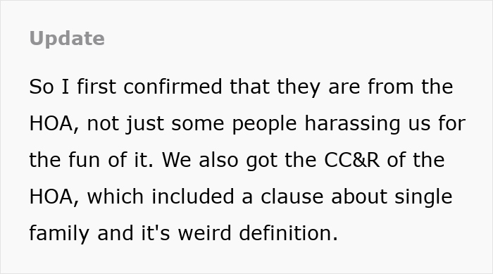 Text update about HOA harassment and strict single-family rule targeting siblings losing their mom in house dispute.