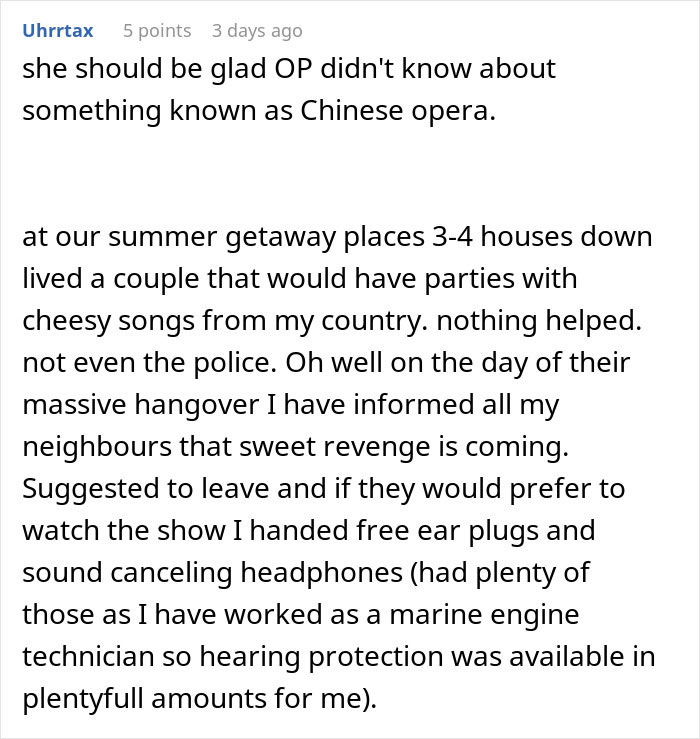 Text post about noisy neighbors blasting music and a student planning petty revenge with ear plugs and headphones at 6:30 A.M.