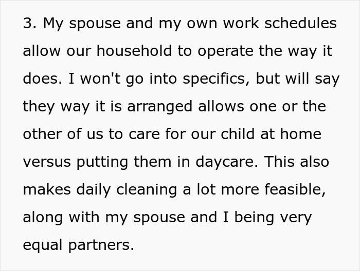 Text excerpt discussing household schedules and childcare arrangements amid spouse's parents disapproval of dogs affecting sleep.