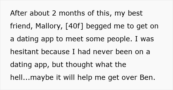Text excerpt discussing a woman hesitant to use a dating app to move on from an upset cheater ex. Text excerpt discussing a woman hesitant to use a dating app to move on from an upset cheater ex.
