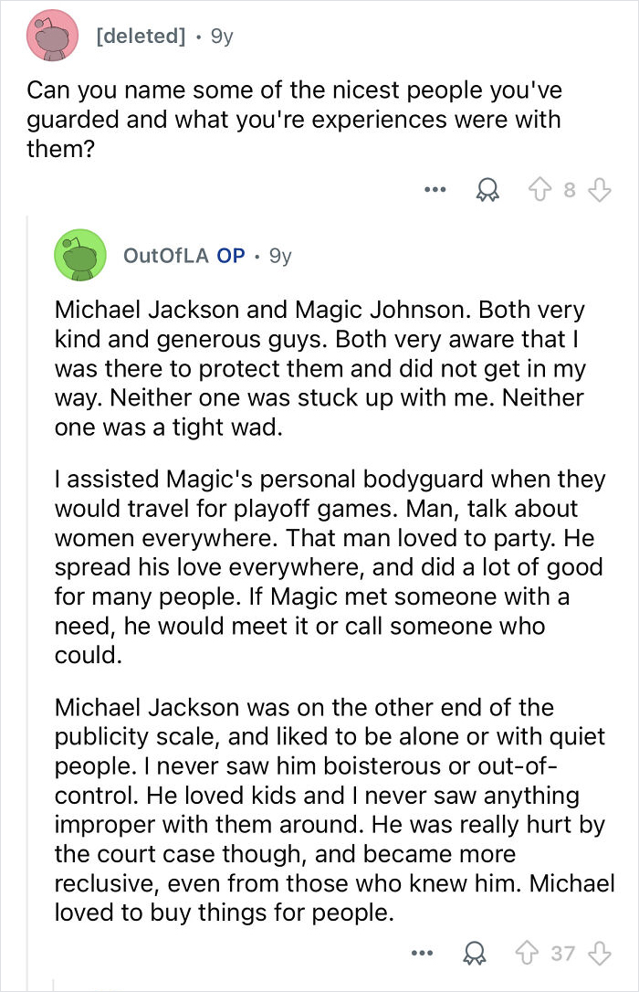 Reddit thread where celebrity bodyguards share personal experiences protecting famous clients like Michael Jackson and Magic Johnson.