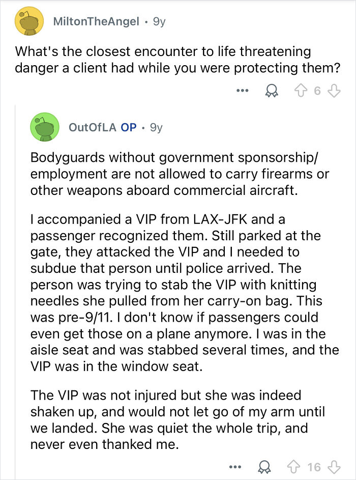 Reddit discussion revealing a celebrity bodyguard’s experience handling life-threatening danger protecting a VIP on a flight.