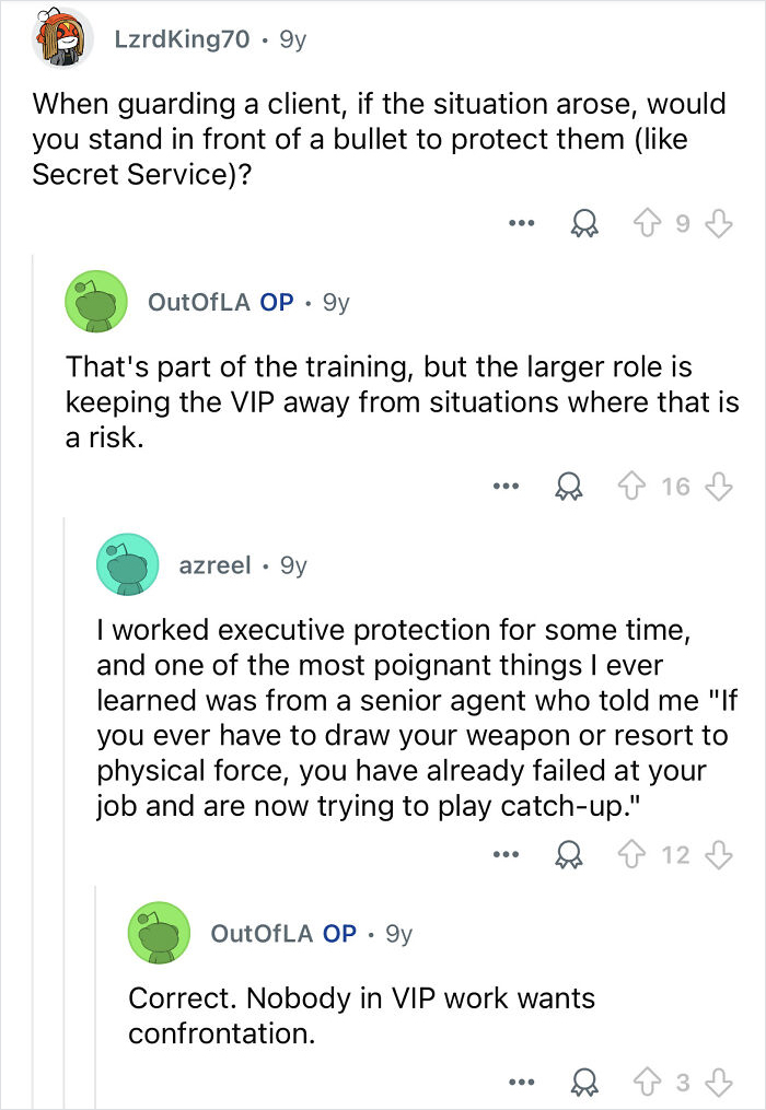 Reddit thread discussing challenges and responsibilities of celebrity bodyguards in executive protection roles.