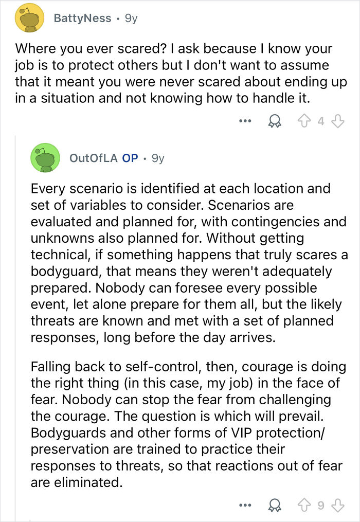 Reddit discussion about the challenges and fear management in the demanding job of celebrity bodyguards.
