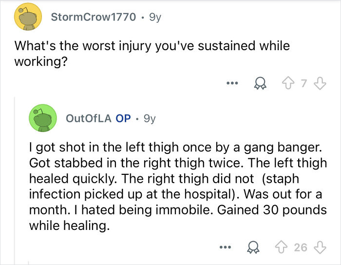 Reddit conversation where a celebrity bodyguard reveals injuries sustained on the job including gunshot and stab wounds.