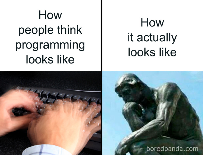 Image comparing perceptions of programming: blurred hands typing rapidly versus the statue The Thinker, illustrating programmer humor memes.